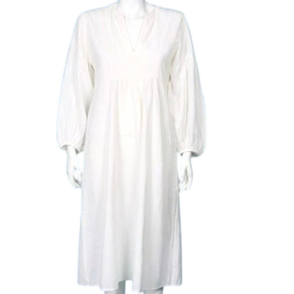 MATTA Martina Off-White Linen V-Neck Dress Caftan Cover-Up Boho Midi - Sz L